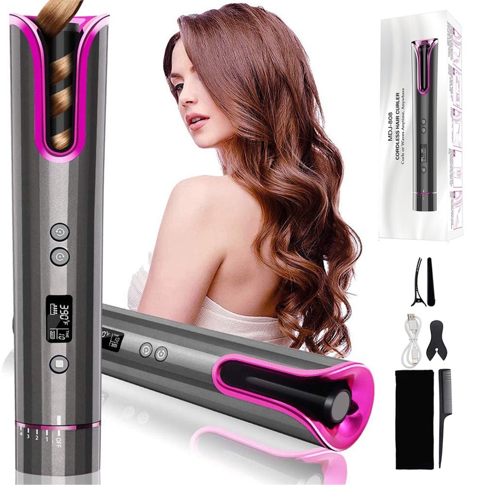 black and purple ceramic curling iron being used with girl in the background