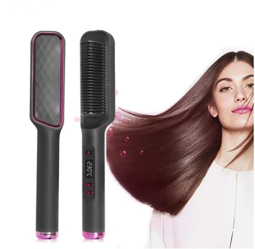 black and purple straitening brush next to girl on the right