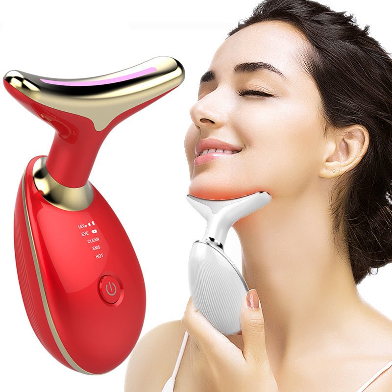 red Skin Rejuvenation Beauty Device Rechargeable Neck and Face and Eye Lifting Massager with lady using it